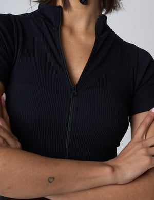 Ribbed Zip Up Unitard Black