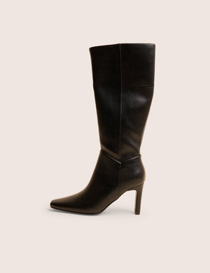 Pose Black Pu Zip Up Knee High Slim Block Heeled Boots