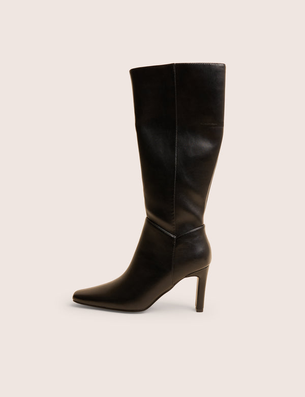 Pose Black Pu Zip Up Knee High Slim Block Heeled Boots
