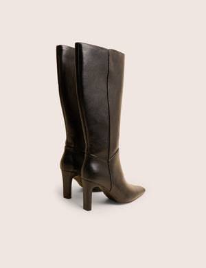 Pose Black Pu Zip Up Knee High Slim Block Heeled Boots