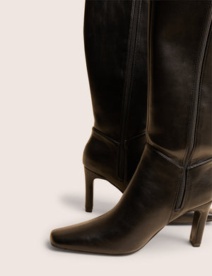 Pose Black Pu Zip Up Knee High Slim Block Heeled Boots