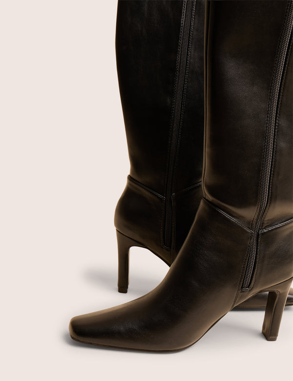 Pose Black Pu Zip Up Knee High Slim Block Heeled Boots