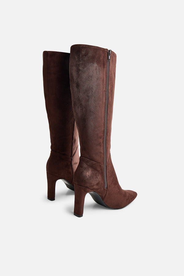 Pose Chocolate Zip Up Knee High Slim Block Heeled Boots