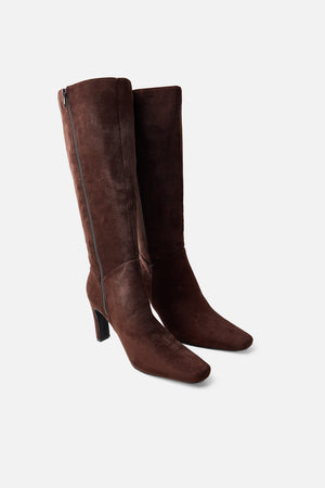 Pose Chocolate Zip Up Knee High Slim Block Heeled Boots