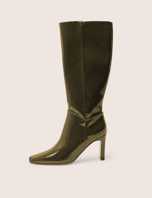 Pose Dark Green Zip Up Knee High Slim Block Heeled Boots
