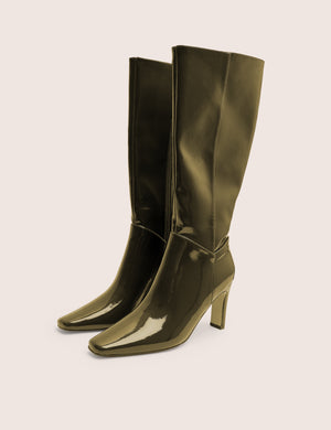 Pose Dark Green Zip Up Knee High Slim Block Heeled Boots