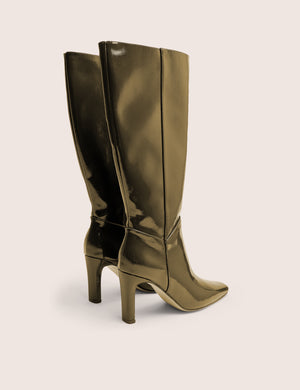 Pose Dark Green Zip Up Knee High Slim Block Heeled Boots