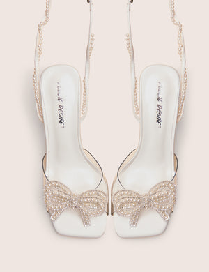 Possesive White Pu Pearl Bow Court High Heels