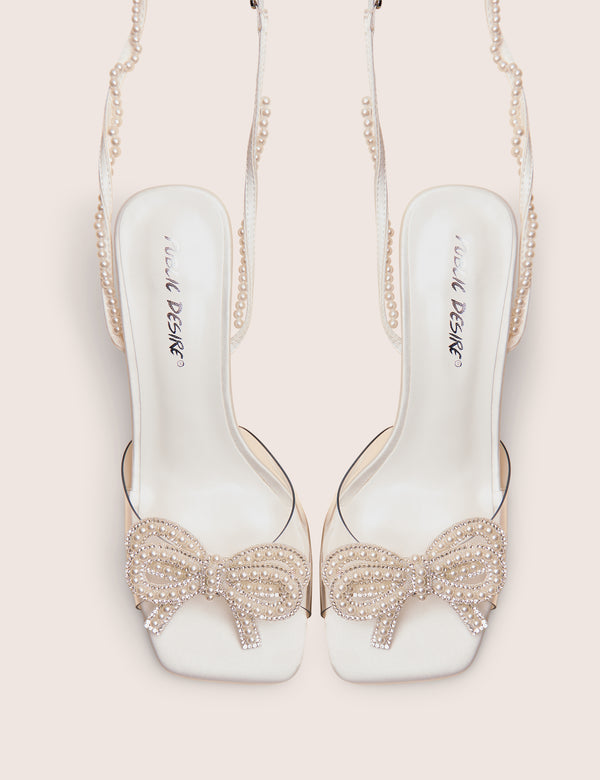 Possesive White Pu Pearl Bow Court High Heels