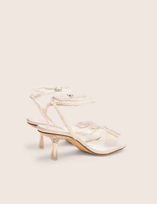 Possesive White Pu Pearl Bow Court High Heels