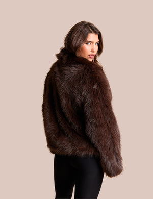 Oversized Collar Faux Fur Jacket Chocolate
