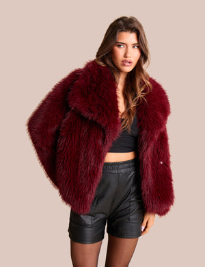 Oversized Collar Faux Fur Jacket Burgundy