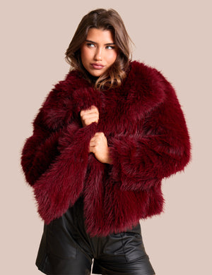 Oversized Collar Faux Fur Jacket Burgundy