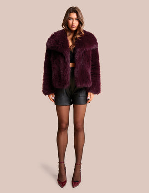 Oversized Collar Faux Fur Jacket Plum