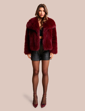Oversized Collar Faux Fur Jacket Burgundy