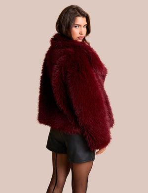 Oversized Collar Faux Fur Jacket Burgundy