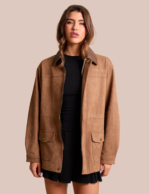 Contrast Collar Faux Suede Barn Jacket Brown