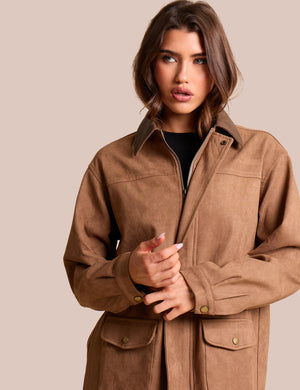 Contrast Collar Faux Suede Barn Jacket Brown
