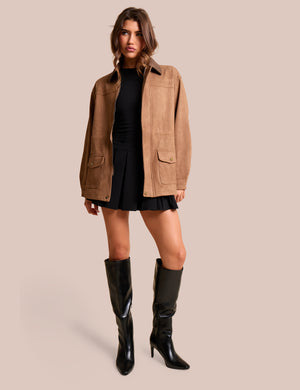 Contrast Collar Faux Suede Barn Jacket Brown
