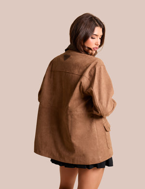 Contrast Collar Faux Suede Barn Jacket Brown