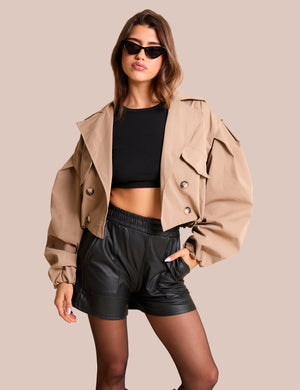 Cropped Double Breasted Trench Coat Beige