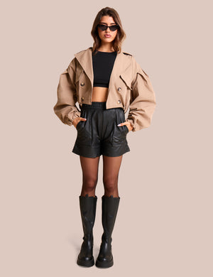 Cropped Double Breasted Trench Coat Beige