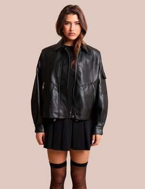 Oversized Faux Leather Biker Jacket Black
