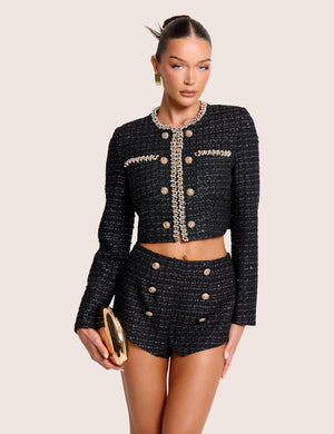 Cropped Long Sleeve Boucle Gold Button Detail Blazer Black