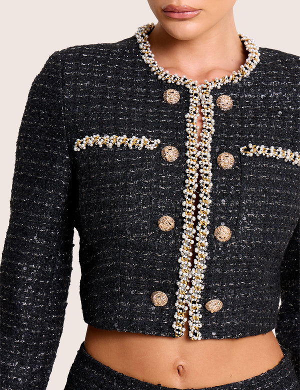 Cropped Long Sleeve Boucle Gold Button Detail Blazer Black