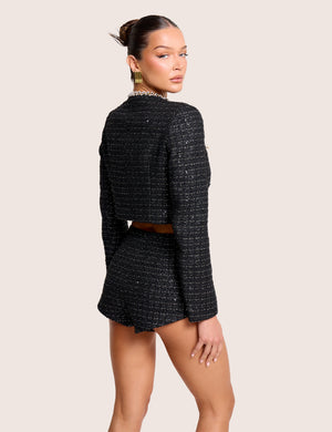 Cropped Long Sleeve Boucle Gold Button Detail Blazer Black