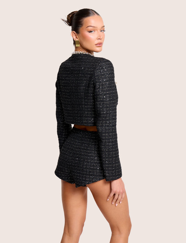 Cropped Long Sleeve Boucle Gold Button Detail Blazer Black