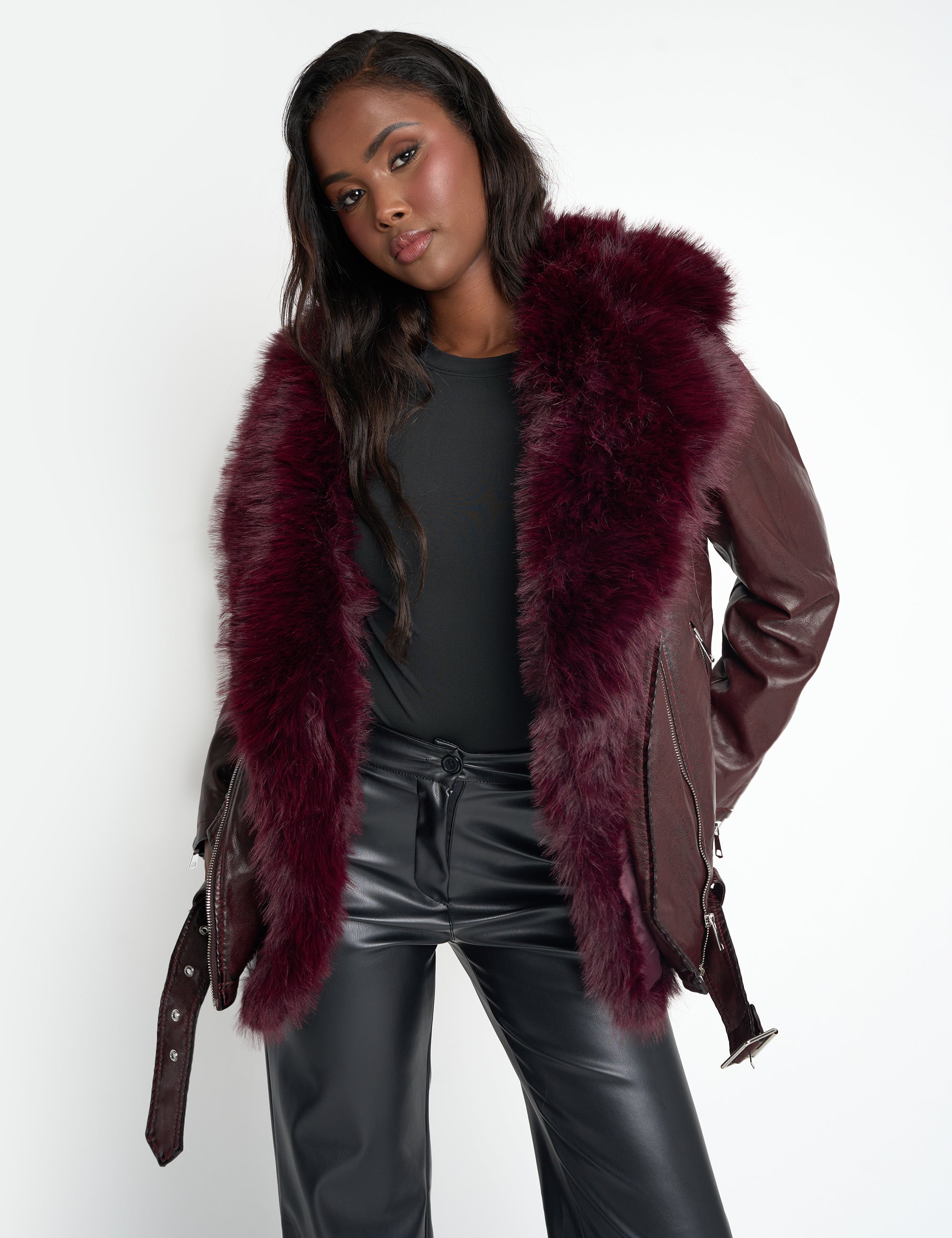 Faux Fur Coat Maroon Faux Leather Jacket Elegant Burgundy Faux