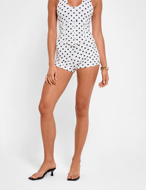 High Waist Luxe Slinky Mini Hot Pants Polka Dot White & Black