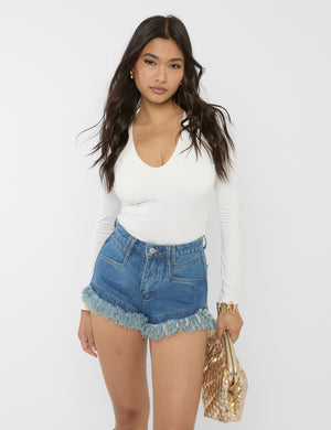High Waist Frayed Denim Shorts Light Blue