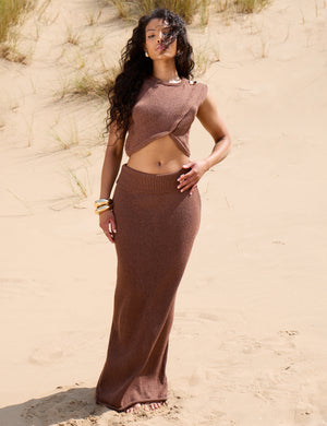 Mid Rise Fine Knit Maxi Skirt Brown