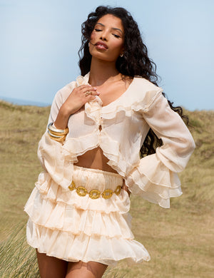 Sheer Ruffle Tiered Mini Skirt Stone