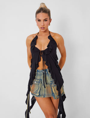 Pocket Detail Cargo Denim Mini Skirt Vintage Wash