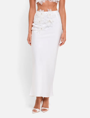 Satin Maxi Skirt With Floral Applique White