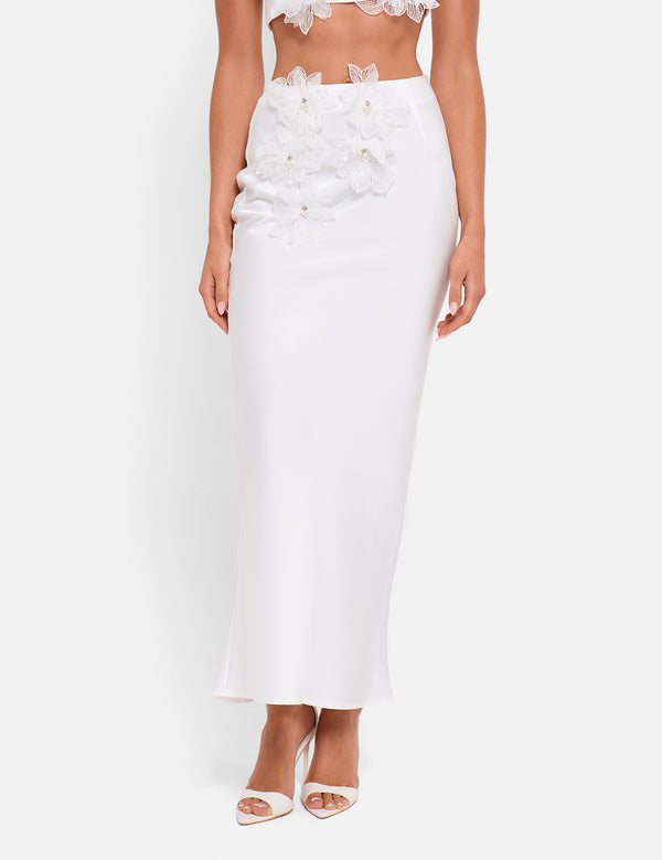 Satin Maxi Skirt With Floral Applique White