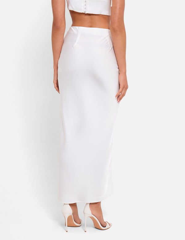 Satin Maxi Skirt With Floral Applique White