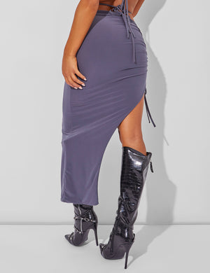 Slinky Ruched Side Maxi Skirt Charcoal Grey