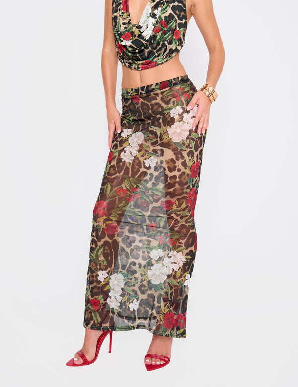 Printed Mesh Maxi Skirt Multi