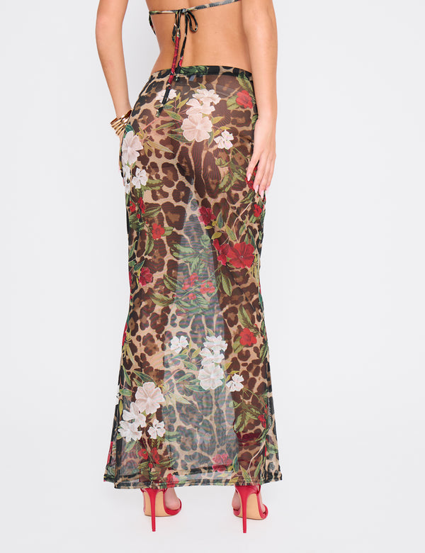 Printed Mesh Maxi Skirt Multi
