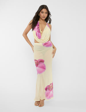 Printed Floral Mesh Maxi Skirt Co-ord Yellow