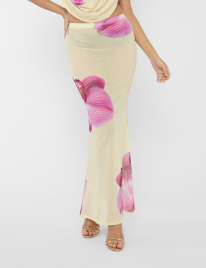Printed Floral Mesh Maxi Skirt Co-ord Yellow