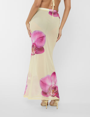 Printed Floral Mesh Maxi Skirt Co-ord Yellow