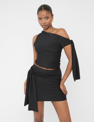 Knot Detail Luxe Slinky Mini Skirt Black