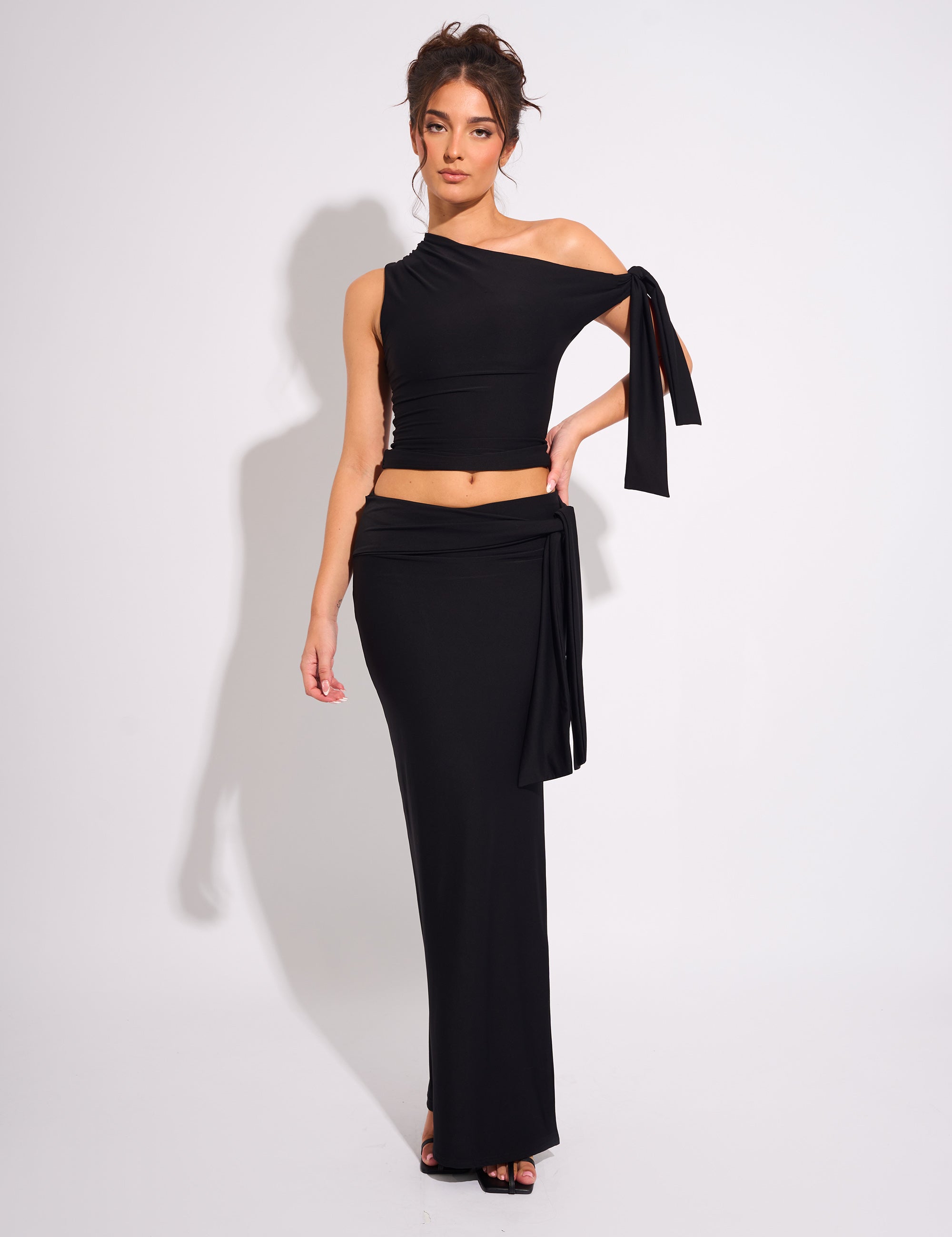 Knot Detail Luxe Slinky Maxi Skirt Black | Public Desire