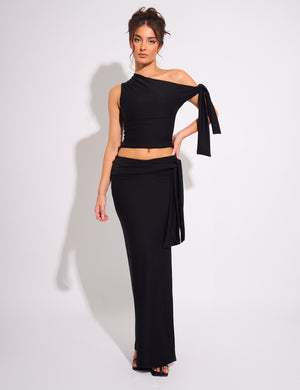 Knot Detail Luxe Slinky Maxi Skirt Black