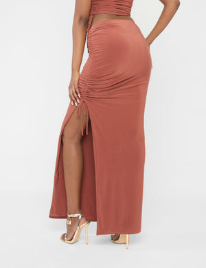 Split Leg Ruched Detail Slinky Maxi Skirt Rust